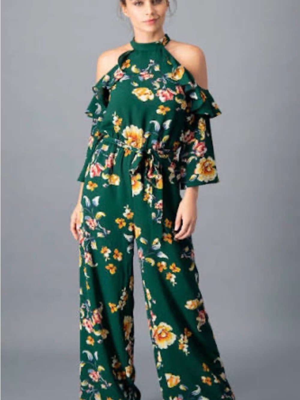 Floral Cold-Shoulder Halter Jumpsuit in Green